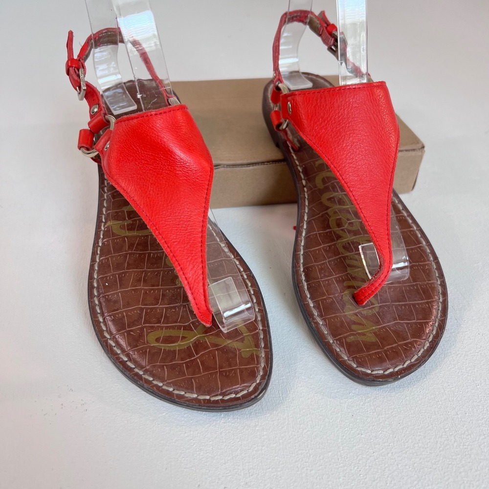 Sam Edelman Greta Thong Sandals 7M Red Leather Slingback Flat Strappy T-Strap